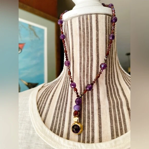 14K Gold Necklace Amethyst Garnet & Jade Beads Vintage Short Lariat Italy